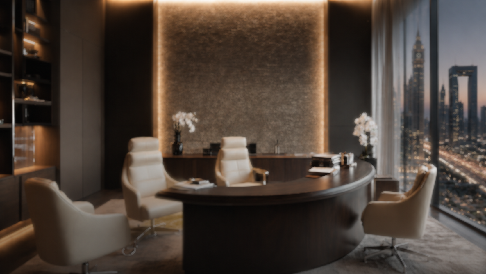 A refined private office at dusk, with floor-to-ceiling windows overlooking a city skyline